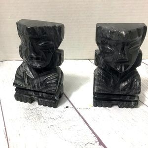 Set of 2 Hand Carved Black and Grey Onyx Marble Aztec Mayan Tribal Bookends 5.5”